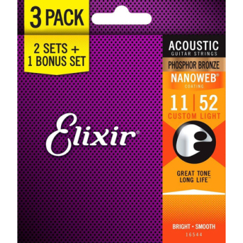 ELIXIR NANOWEB PHOSPHOR BRONZE CUSTOM LIGHT 11-52 3-PACK - struny do gitary akustycznej